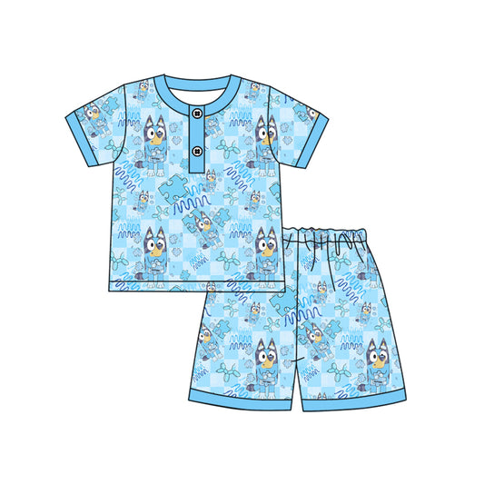 Preorder moq 5 Baby Boys Blue Short Sleeves Cartoon Dogs Button Top Short Pajamas Set