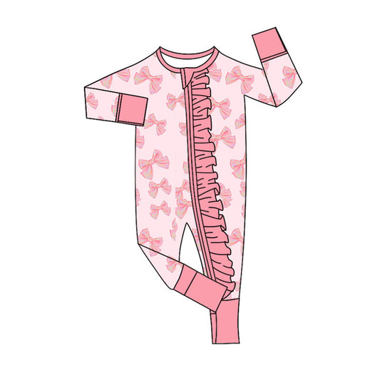 Preorder (moq 8)Baby Girls Long Sleeve Peach Bows Ruffle Zipper Footie Rompers