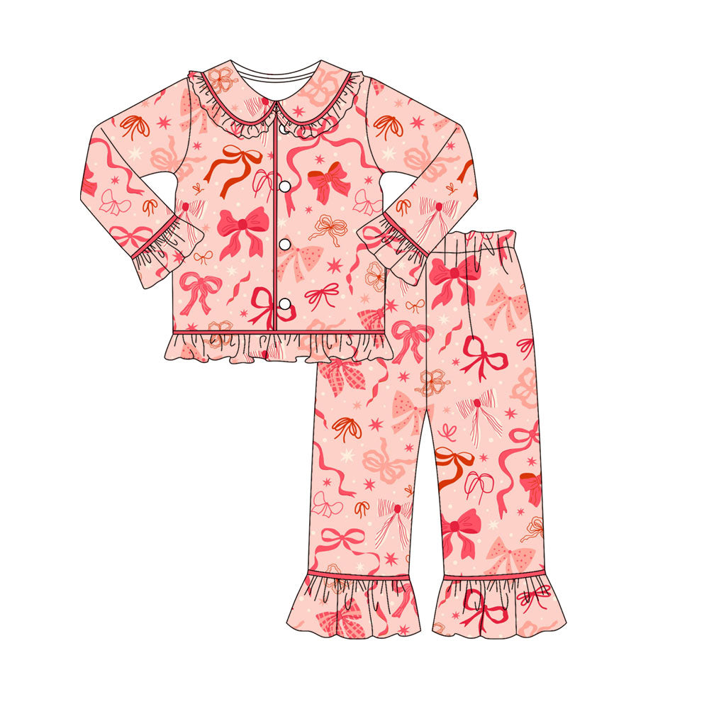 Preorder (moq 5)Baby Girls Peach Stars Bows Button Top Pants Valentine Pajamas Sets