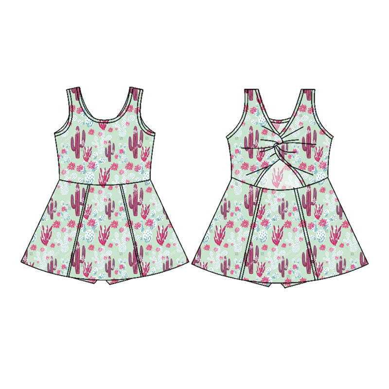 Preorder (moq 5)Baby Girls Green Sleeveless Red Cactus Flowers Shorts Yoga Knee Length Dresses