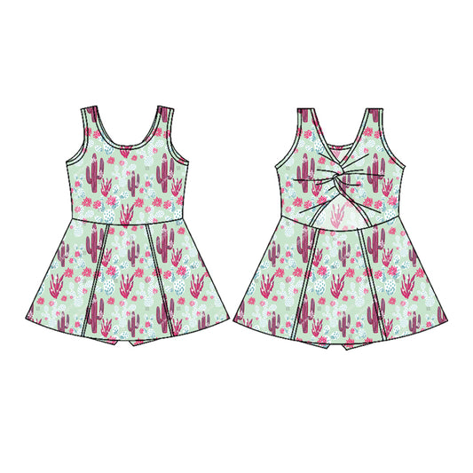 Preorder (moq 5)Baby Girls Green Sleeveless Red Cactus Flowers Shorts Yoga Knee Length Dresses