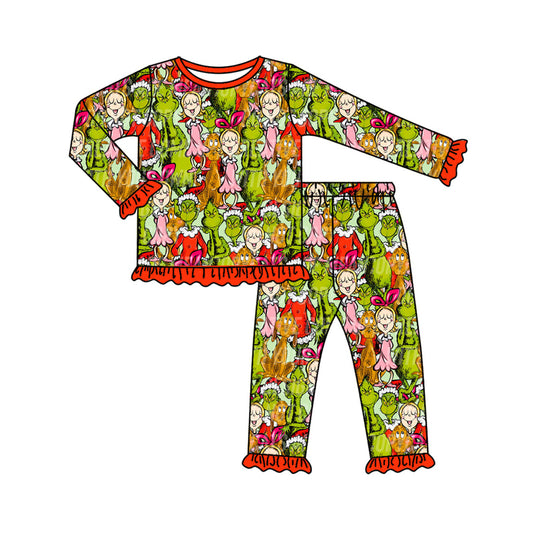 Preorder (moq 5)Baby Girls Green Faces Miss Top Pants Christmas Pajamas Clothes Set