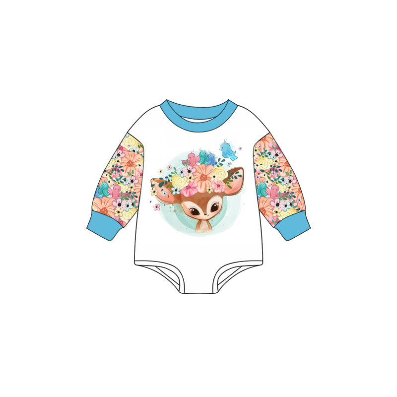 Preorder (moq 5)Baby Girls Blue Long Sleeves Flowers Deer Birds Romper