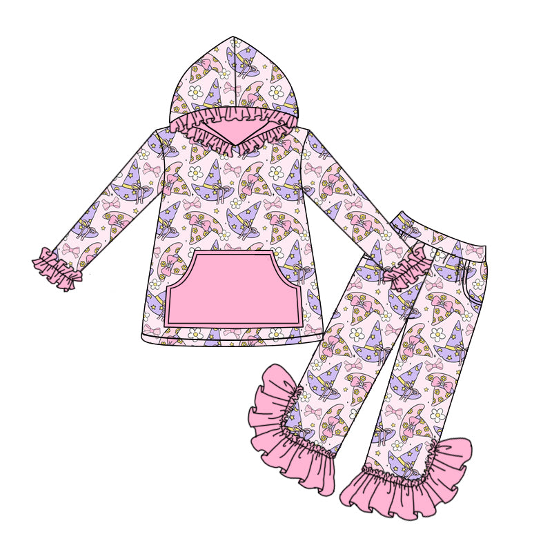 Preorder (moq 5)Baby Girls Pink Long Ruffle Sleeves Magic Hats Flowers Pocket Hoodies Pant Set