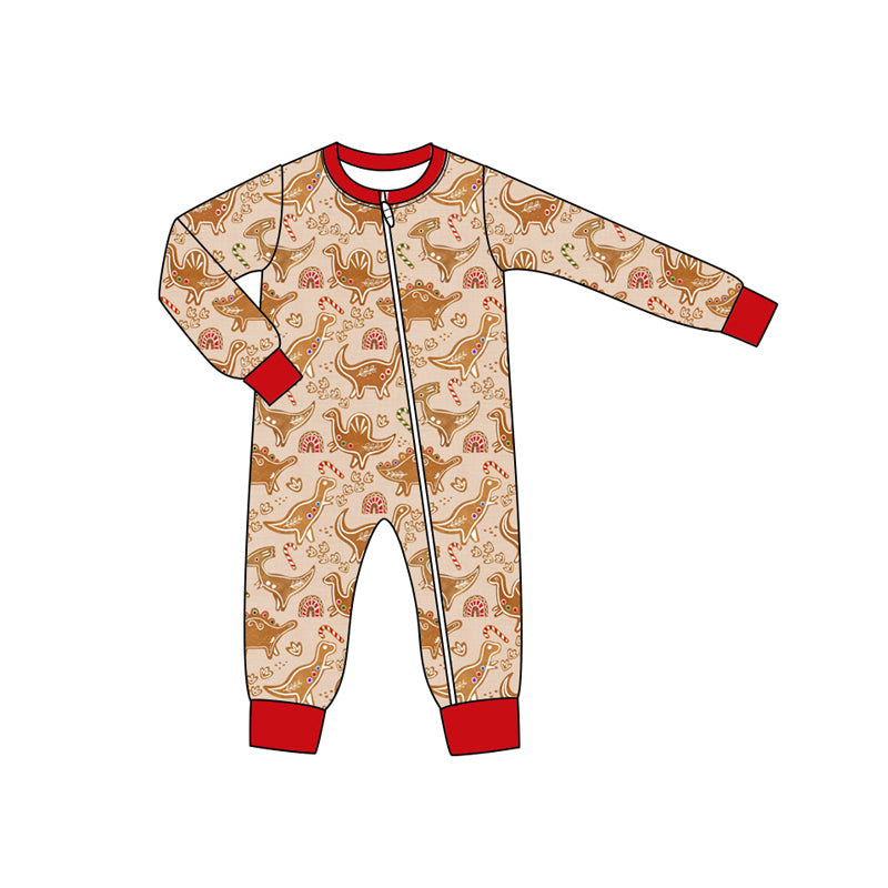 Preorder moq 5 Baby Infant Boys Long Sleeves Candy Cane Dinosaurs Zipper Romper