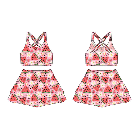 Preorder moq 10 Baby Girls Strap Flowers Watermelons Activity Wear Vests Top Short Skirts Yoga Set