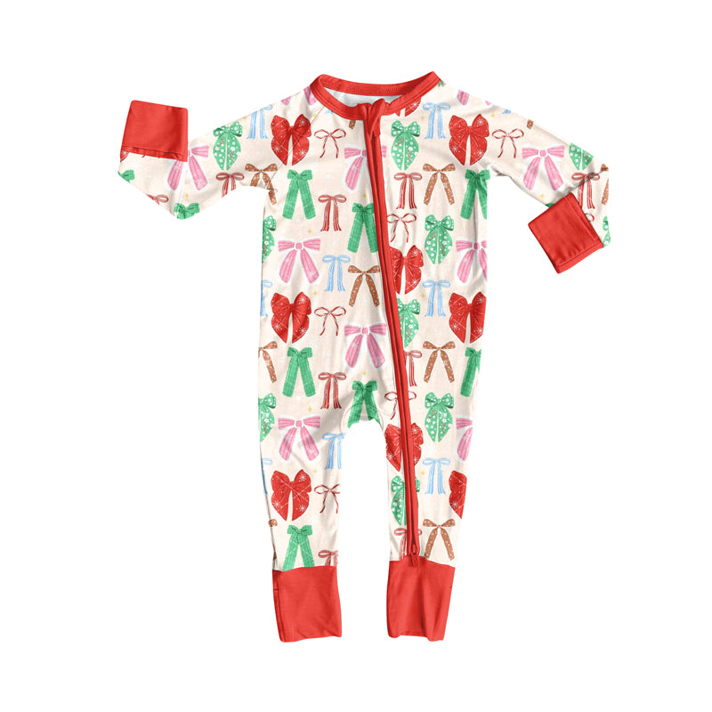 Preorder(moq 5)Baby Infant Boys Long Sleeves Green Red Bows Christmas Zipper Rompers