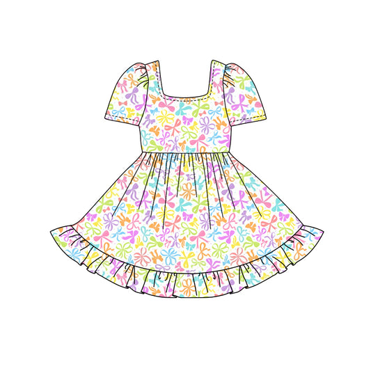 Preorder (moq 5)Baby Girls Short Sleeves Colorful Bows Ruffle Knee Length Dresses