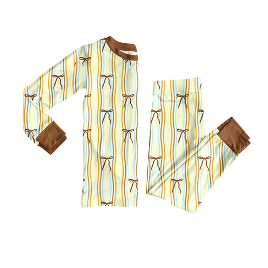 Preorder(moq 5) Baby Girls Yellow Stripe Bows Top Pants Pajamas Set