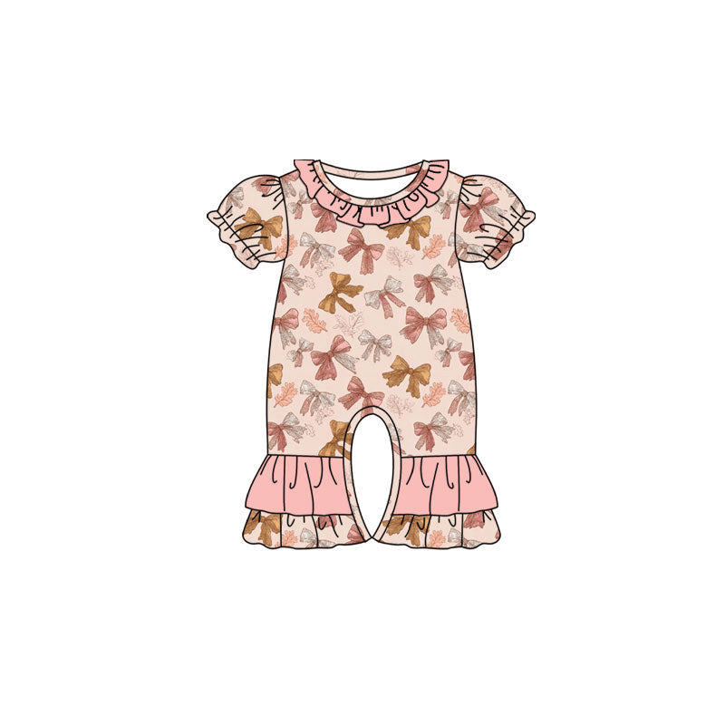 Preorder (moq 5)Baby Girls Short Ruffle Sleeve Colorful Bows Leaves Fall Rompers