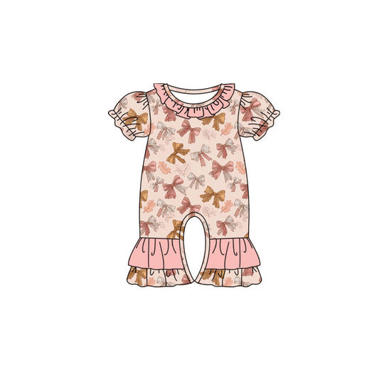 Preorder (moq 5)Baby Girls Short Ruffle Sleeve Colorful Bows Leaves Fall Rompers