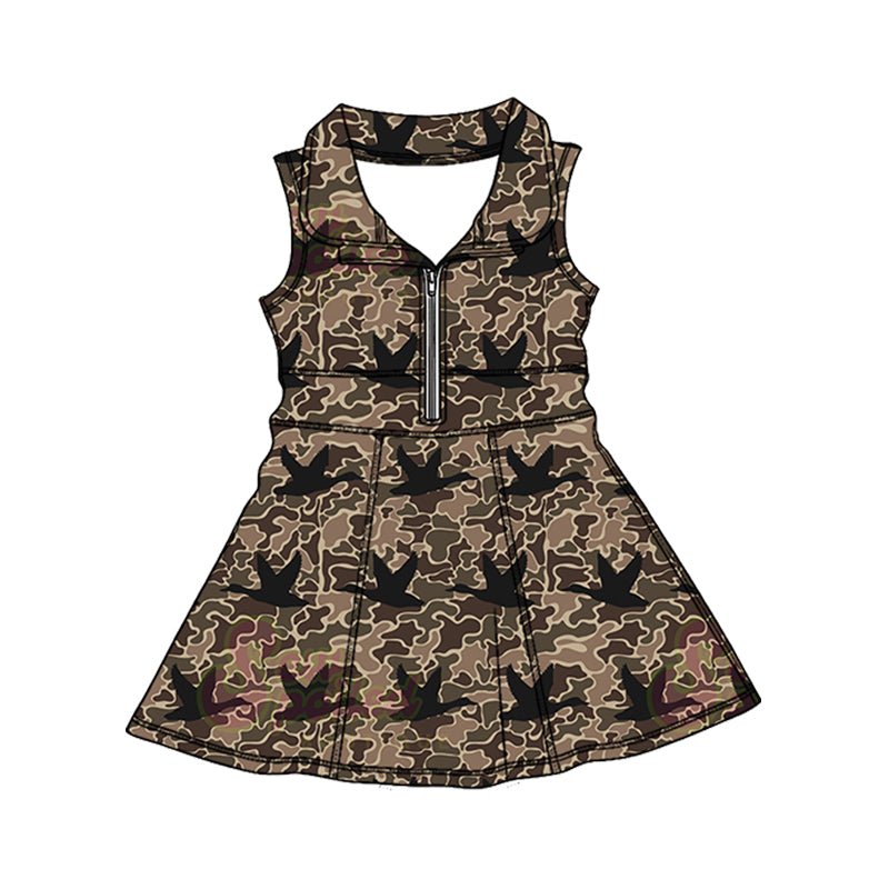 Preorder (moq 5)Baby Girls Southern Brown Camo Ducks Hunting Zipper Knee Length Dress