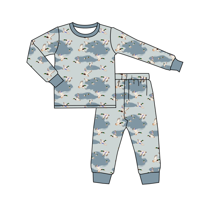Preorder (moq 5)Baby Boys Long Sleeve Lakes Ducks Top Pant Hunting Pajamas Sets