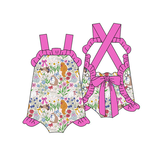 Preorder (moq 5)Baby Girls Strap Colorful Flowers Cats Back Bow Ruffle Rompers