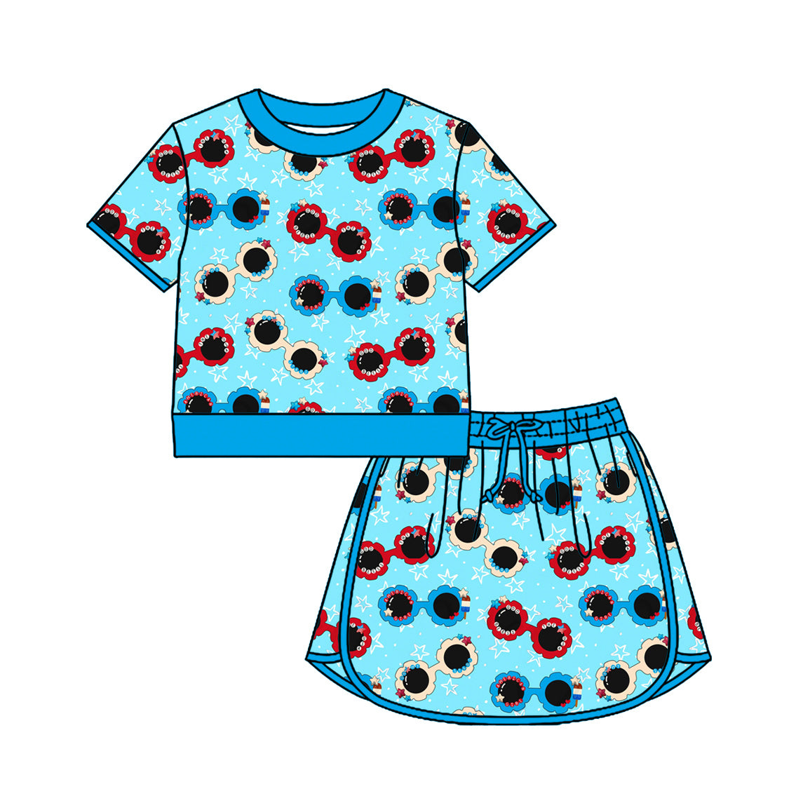Preorder (moq 5)Baby Girls Red Blue Glasses Stars Top Skirt Shorts 4th of July Clothes Sets