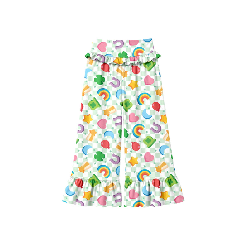 Preorder (moq 5) Baby Girl Clothes St Patricks Rainbow Clover Mixed Print Long Waist Ruffle Bell Bottom Pants
