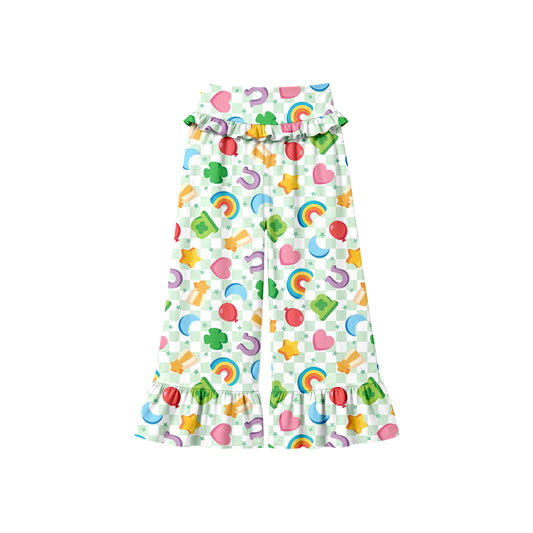 Preorder (moq 5) Baby Girl Clothes St Patricks Rainbow Clover Mixed Print Long Waist Ruffle Bell Bottom Pants