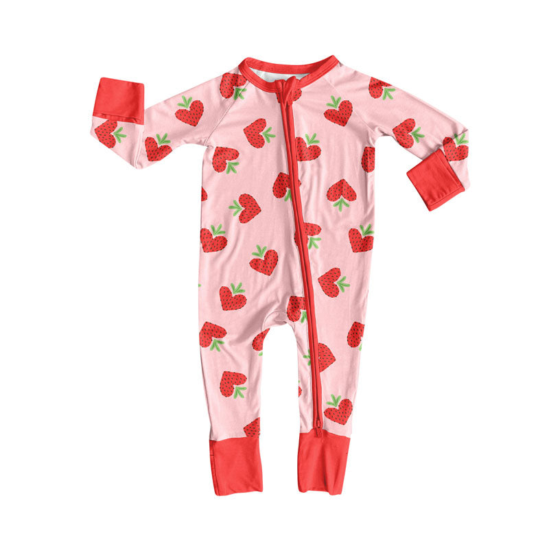 Preorder (moq 5)Baby Girls Strawberry Hearts Valentine Zipper Footie Rompers