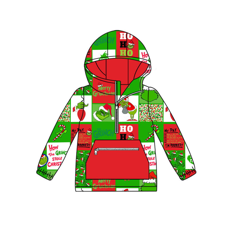 Preorder (moq 5)Baby Boys Green Faces Checked Pocket Zipper Christmas Ruffle Hoodies Top