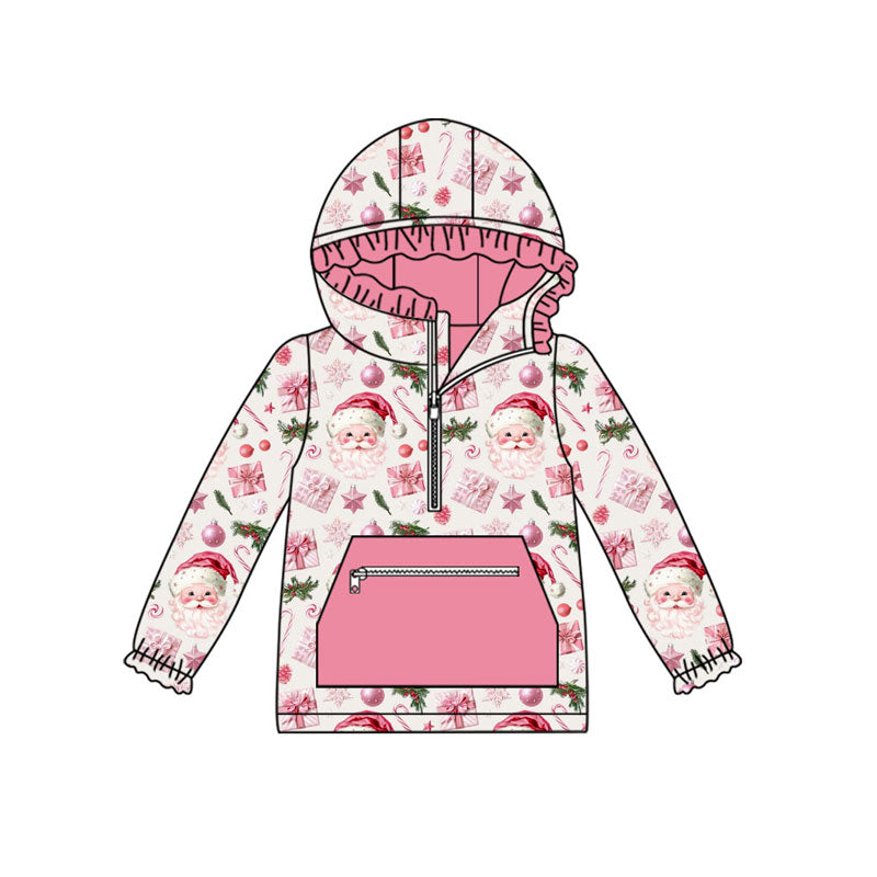 Preorder (moq 5)Baby Girls Pink Santa Lights Zipper Pocket Christmas Ruffle Hoodies Top