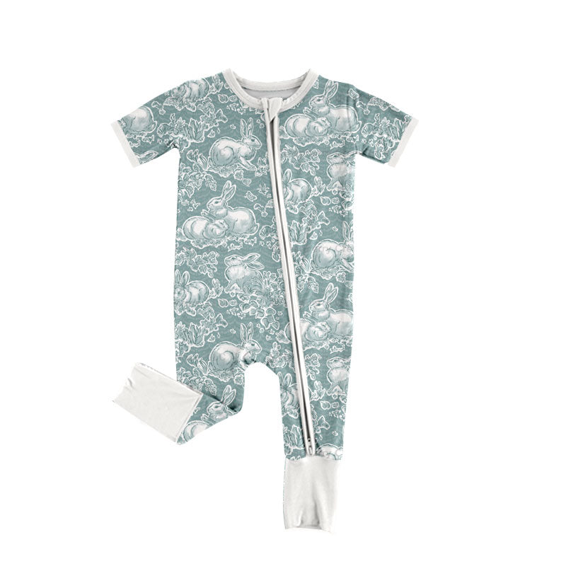 Preorder moq 5 Baby Girls’ & Girls’ Spring Easter Gray & Lake Green Cute Bunny Print Crew Neck Long Sleeve Zipper Romper