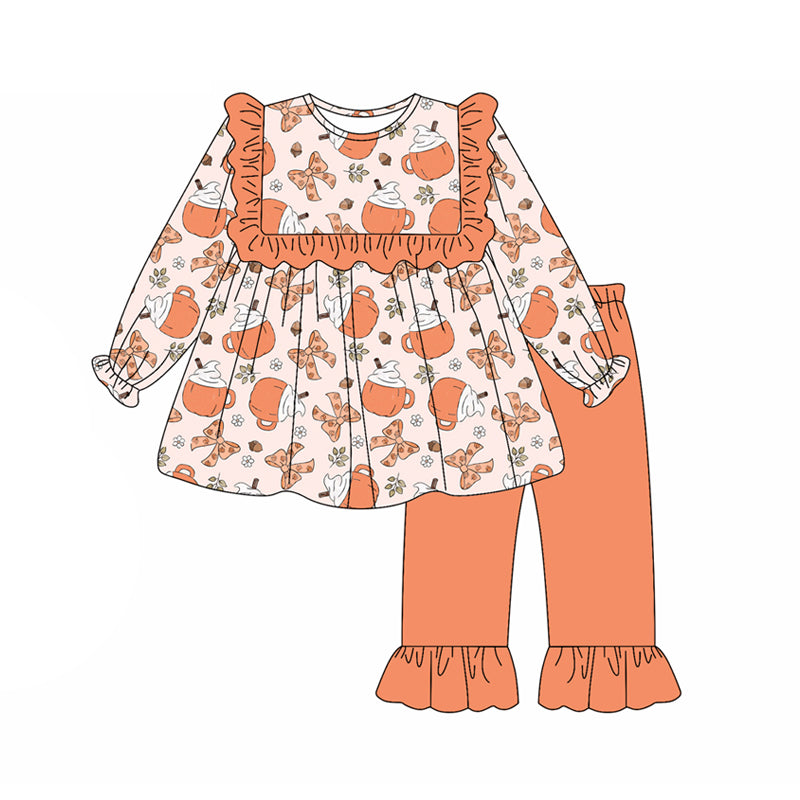 Preorder (moq 5)Baby Girls Long Sleeves Orange Bows Cake Cups Tunic Ruffle Pant Set
