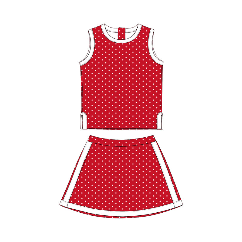 Preorder (moq 5) Girls’ Red & White Polka Dot Color-Block Sleeveless Tank Top & Skirt 2-Piece Set
