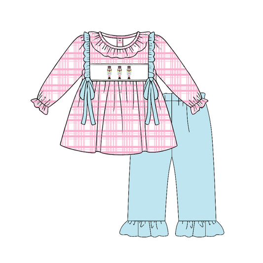 Preorder (moq 5)Baby Girls Soldiers Pink Checked Tunic Ruffle Pant Christmas Clothes Sets