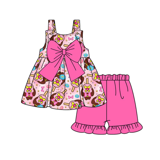 Preorder (moq 5)Baby Girls Popsicle Hot Pink Bow Tunic Top Ruffle Shorts Clothes Sets