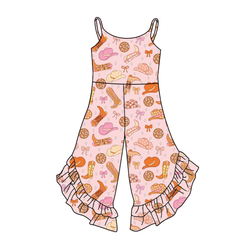 Preorder (moq 5)Baby Girls Pink Strap Colorful Boots Bows Ruffle Jumpsuits