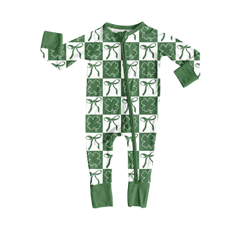 Preorder (moq 8)Baby Girls Green Bows Clovers Checked St Patrick Zipper Footie Rompers