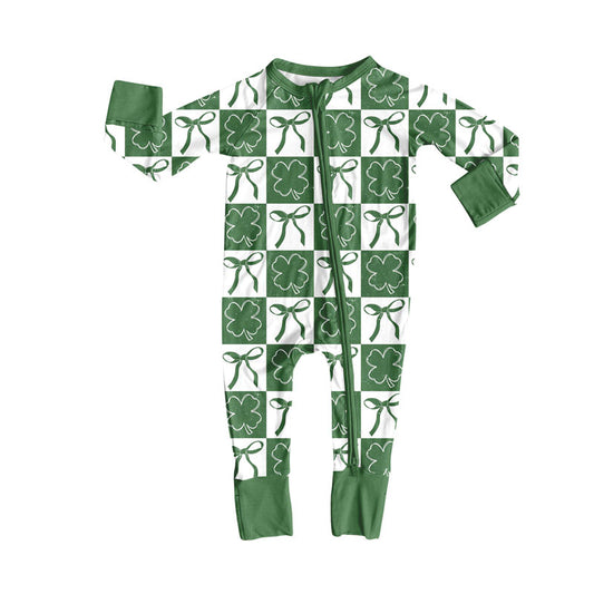 Preorder (moq 8)Baby Girls Green Bows Clovers Checked St Patrick Zipper Footie Rompers