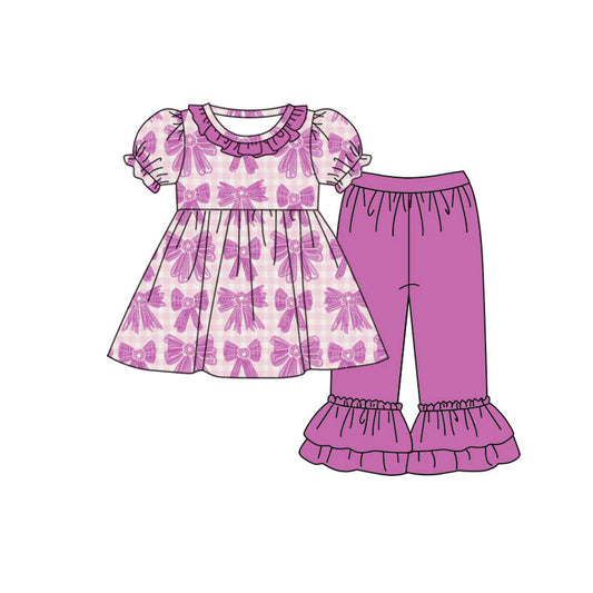 Preorder(moq 8)Baby Girls Purple Checked Bows Tunic Ruffle Pants Clothes Sets