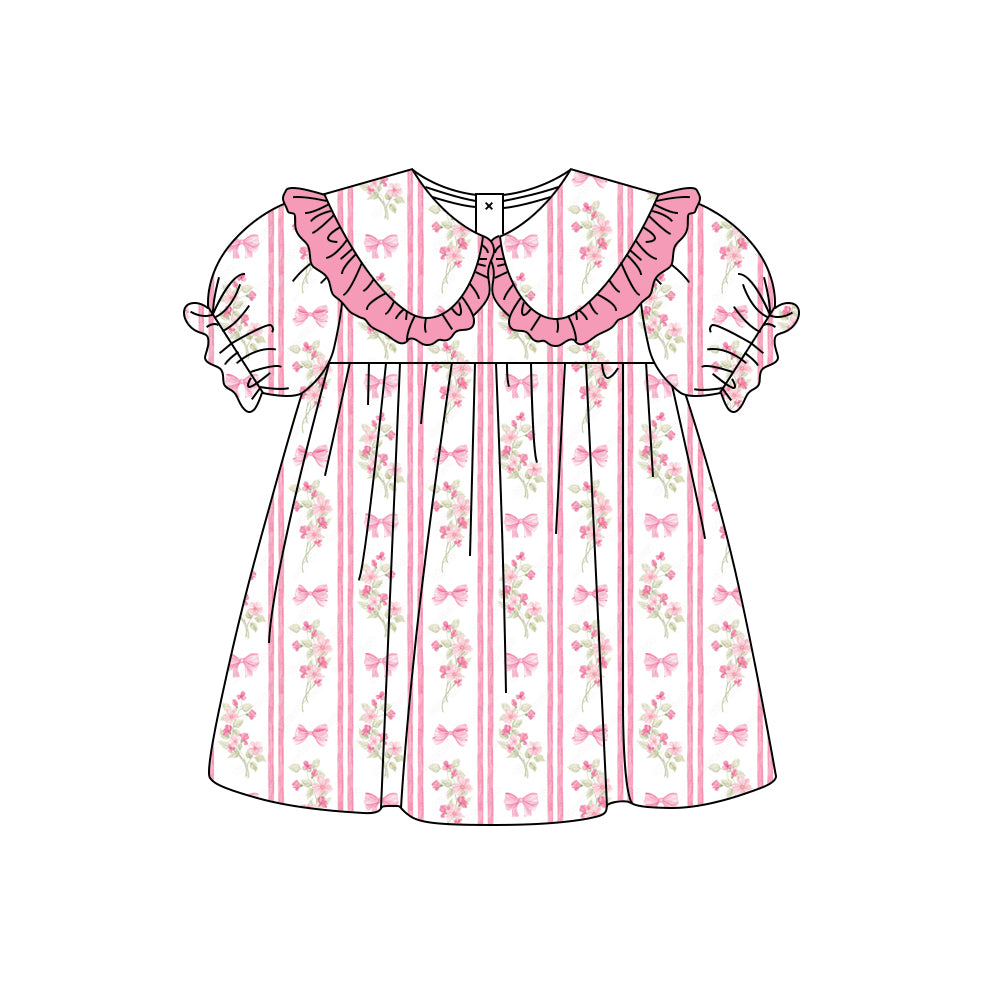Preorder (moq 5)Baby Girls Flowers Bows Stripe Collar Knee Length Dresses