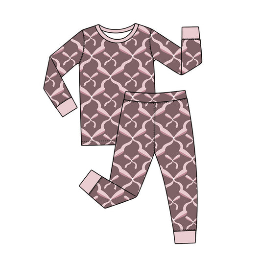 Preorder (moq 5) Baby Girl Clothes Pink Bow Lattice Geometric Print Long Sleeve Pajama Set
