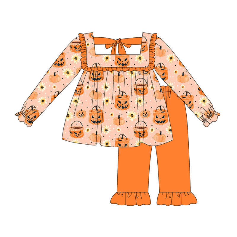 Preorder (moq 5)Baby Girls Long Sleeves Orange Pumpkins Flowers Tunic Ruffle Pant Set