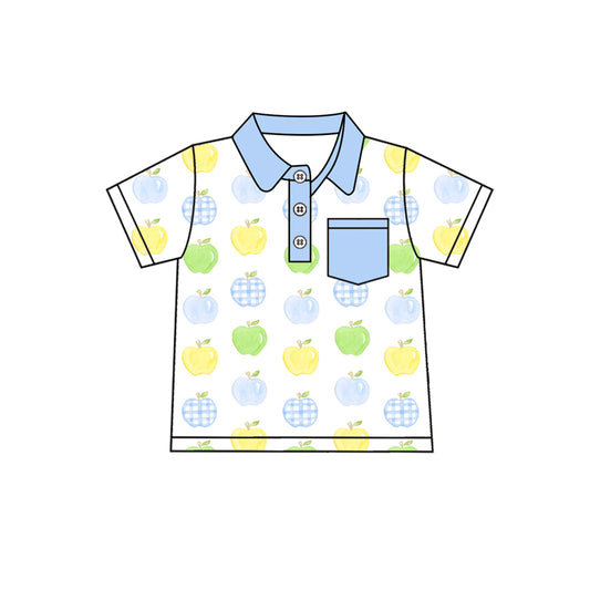 Preorder (moq 5)Baby Boys Blue Short Sleeves Button Pocket Apples Polo Shirts Top