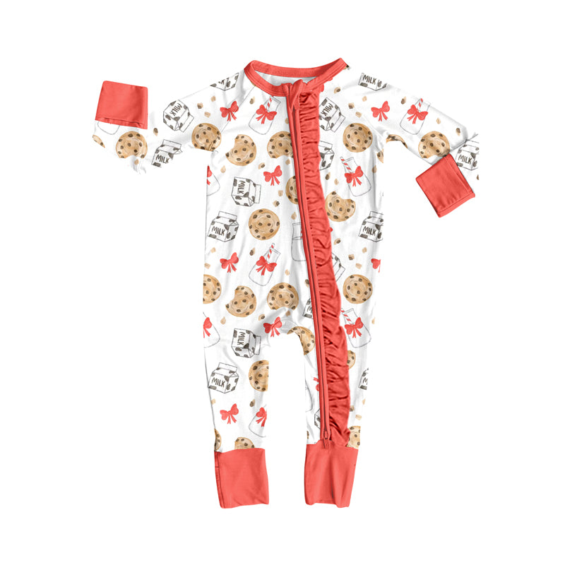 Preorder(moq 5)Baby Girls Christmas Cookie Milk Zipper Footie Rompers