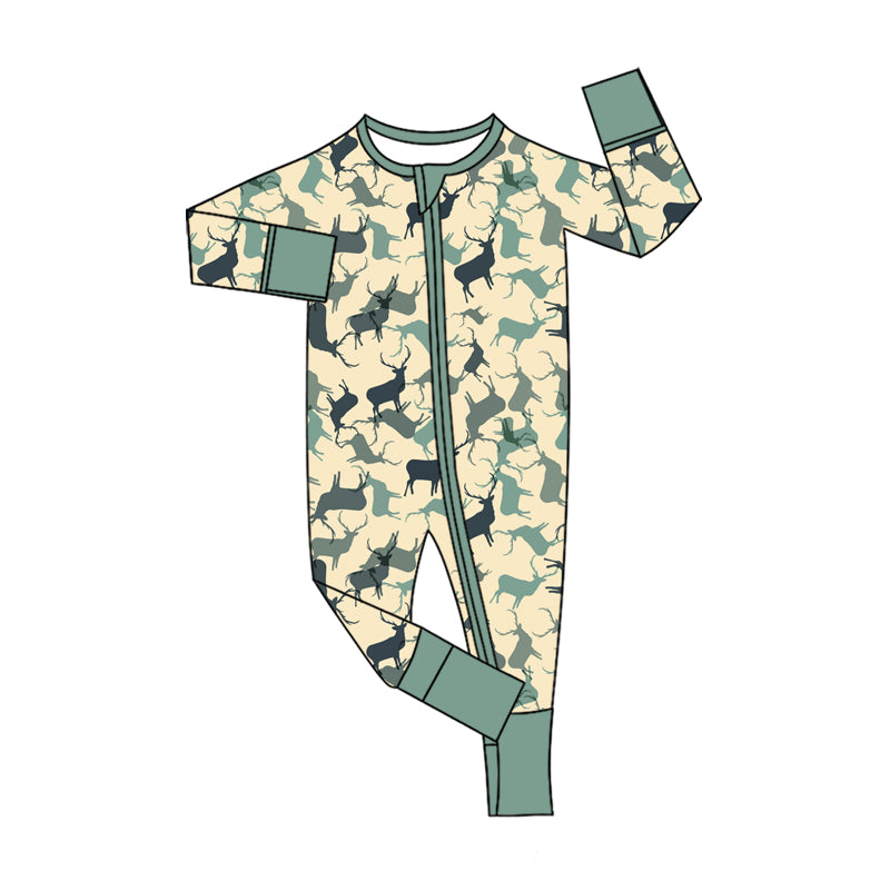 Preorder (moq 5)Baby Boys Green Camo Deer Hunting Two Way Zip Convertible Rompers