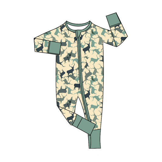 Preorder (moq 5)Baby Boys Green Camo Deer Hunting Two Way Zip Convertible Rompers