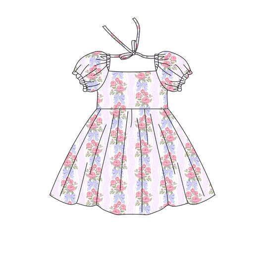 Preorder (moq 5)Baby Girls Short Ruffle Sleeve Flowers Bows Stripe Knee Length Dresses