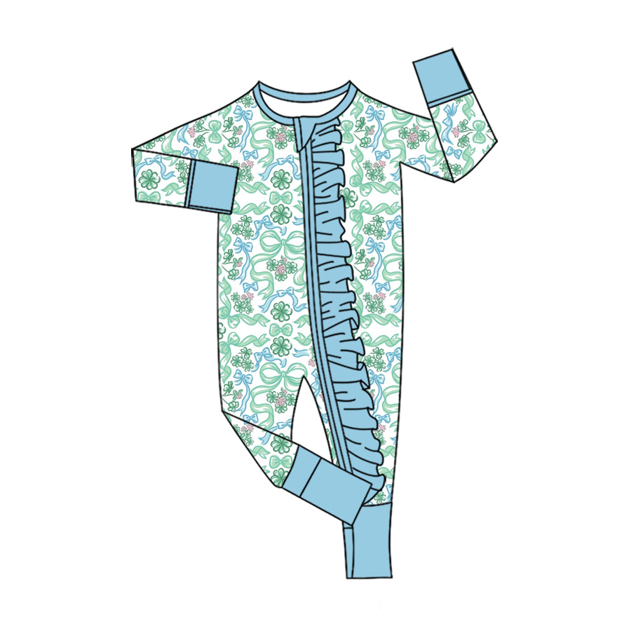 Preorder (moq 5) Baby Girls Clovers Bows St Patrick Two Way Ruffle Zip Convertible Rompers