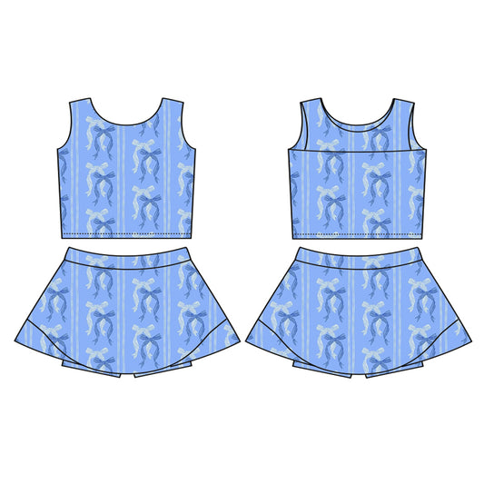 Preorder (moq 5)Baby Girls Hot Blue Sleeveless Bows Stripe Top Skort Yoga Active Set