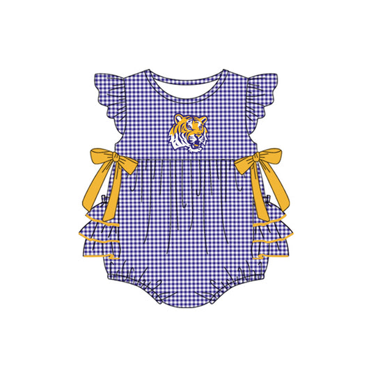 Preorder moq 5 Baby Girls Purple Plaid Flutter Sleeves Bows Tigers Team Rompers