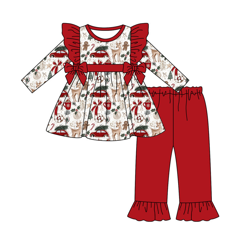 Preorder (moq 5)Baby Girls Long Sleeves Deer Gingerbread Bows Tunic Ruffle Pants Set