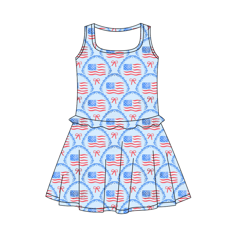 Preorder (moq 5)Baby Girls Bows Flags Checked 4th of July Knee Length Dresses