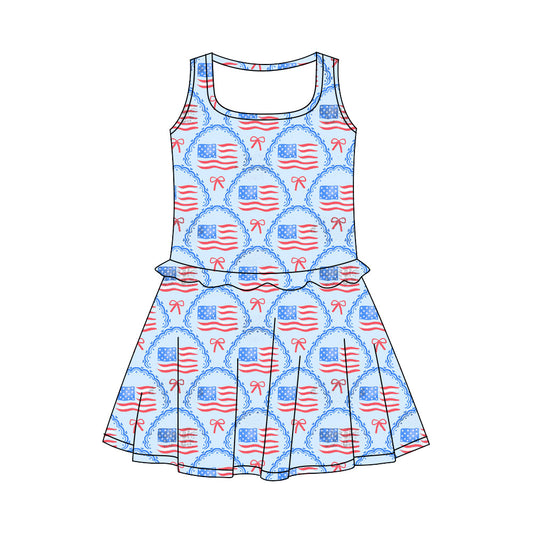 Preorder (moq 5)Baby Girls Bows Flags Checked 4th of July Knee Length Dresses