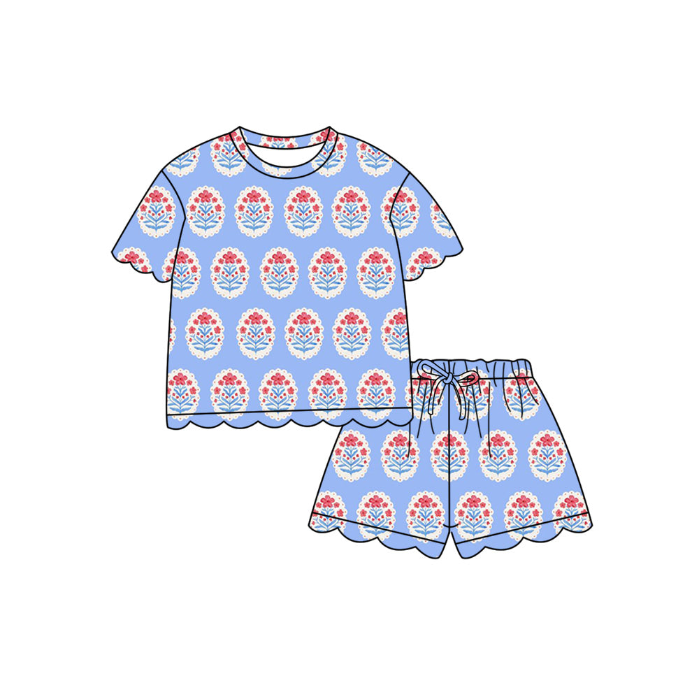 Preorder (moq 5)Baby Girls Flowers Top Scallop Shorts Clothes Sets