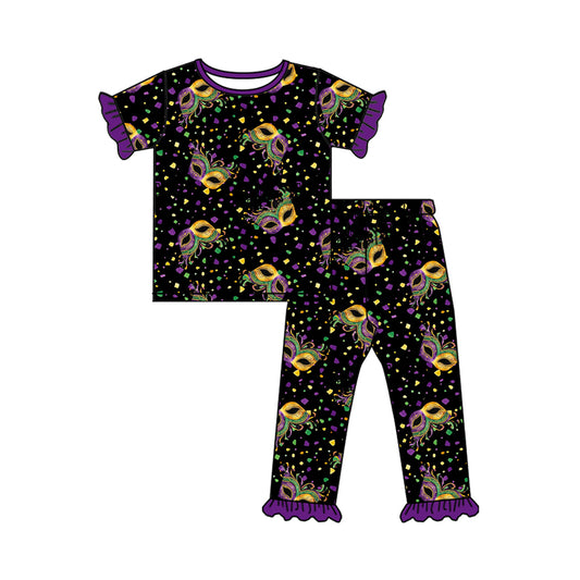 Preorder (moq5) Baby Girls Mardigras Masks Polka Dots Top Ruffle Pant Pajamas Set