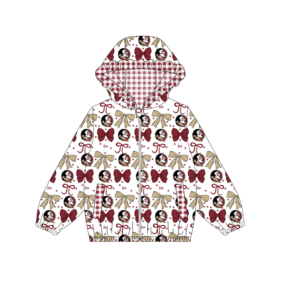 Preorder (moq 5)Baby Girls Wine FSU Bows Zip Ruffle Hooded Cardigan Jackets Tops